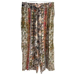 Angie Womens Large Tie Front Wide Leg Boho Print Stretch Waist Palazzo Pants